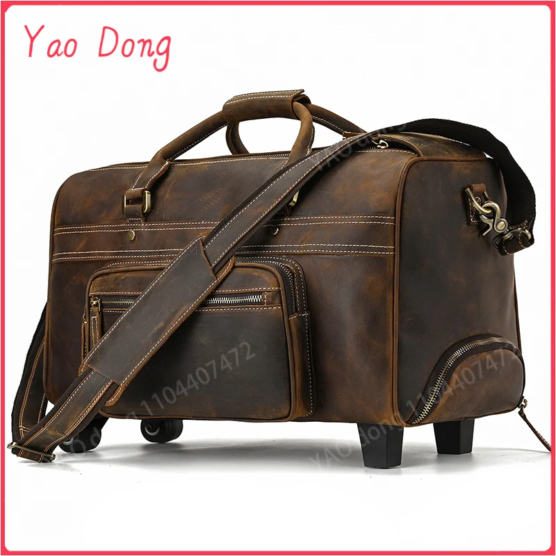 Yao Dong Large genuine leather luggage bag wheels duffle bag trolley case hand luggage with rolls men women leather Trolley Case