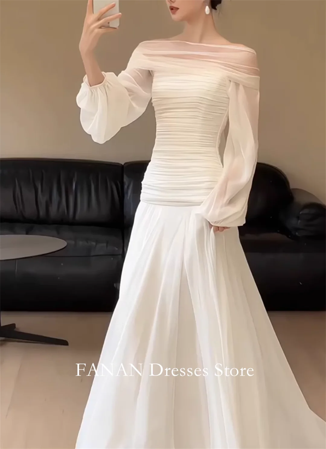 FANAN Off-Shoulder Korea Ivory Mermaid Backless Wedding Dresses 웨딩드레스 Pleated Chiffon Customized Pretty  Bride Gowns Plus Size