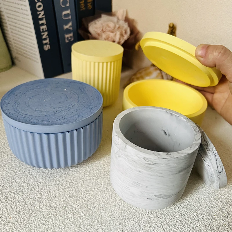 Cement Candle Jar Silicone Mold With Lid DIY Round Plant Pot Candle Vessel Storage Box Vase Mould Plaster Resin Molds Home Decor