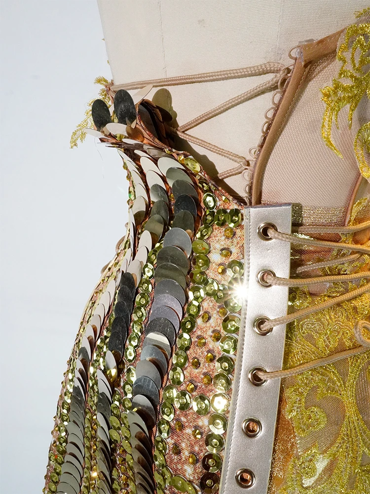 반짝이는 황금 스팽글이 있는 투피스 드레스 섹시한 등이없는 레이스 생일 파티 클럽 공연 및 휴일 축하 의상