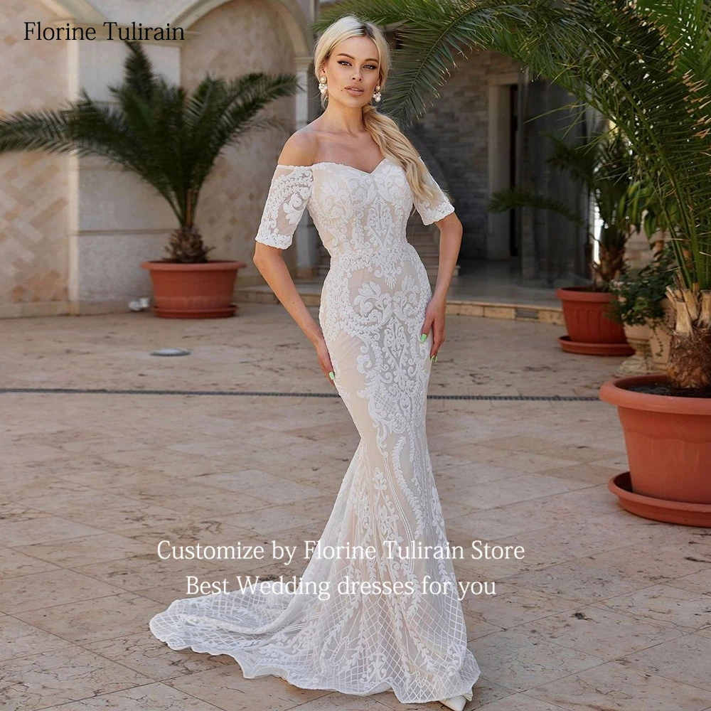 Bespoke Robe De Mariée Sexy Off the Shoulder Short Sleeve Backless Elegant Mermaid Sweep Train Wedding Dresses for Brides 2023