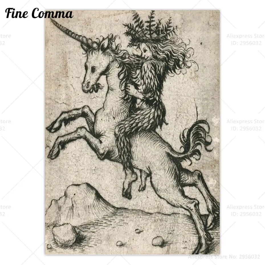 Wild Woman Riding a Unicorn Vintage Poster Medieval Wall Art Antique Canvas Print Home Decor Mistery Painting Housewarming Gift