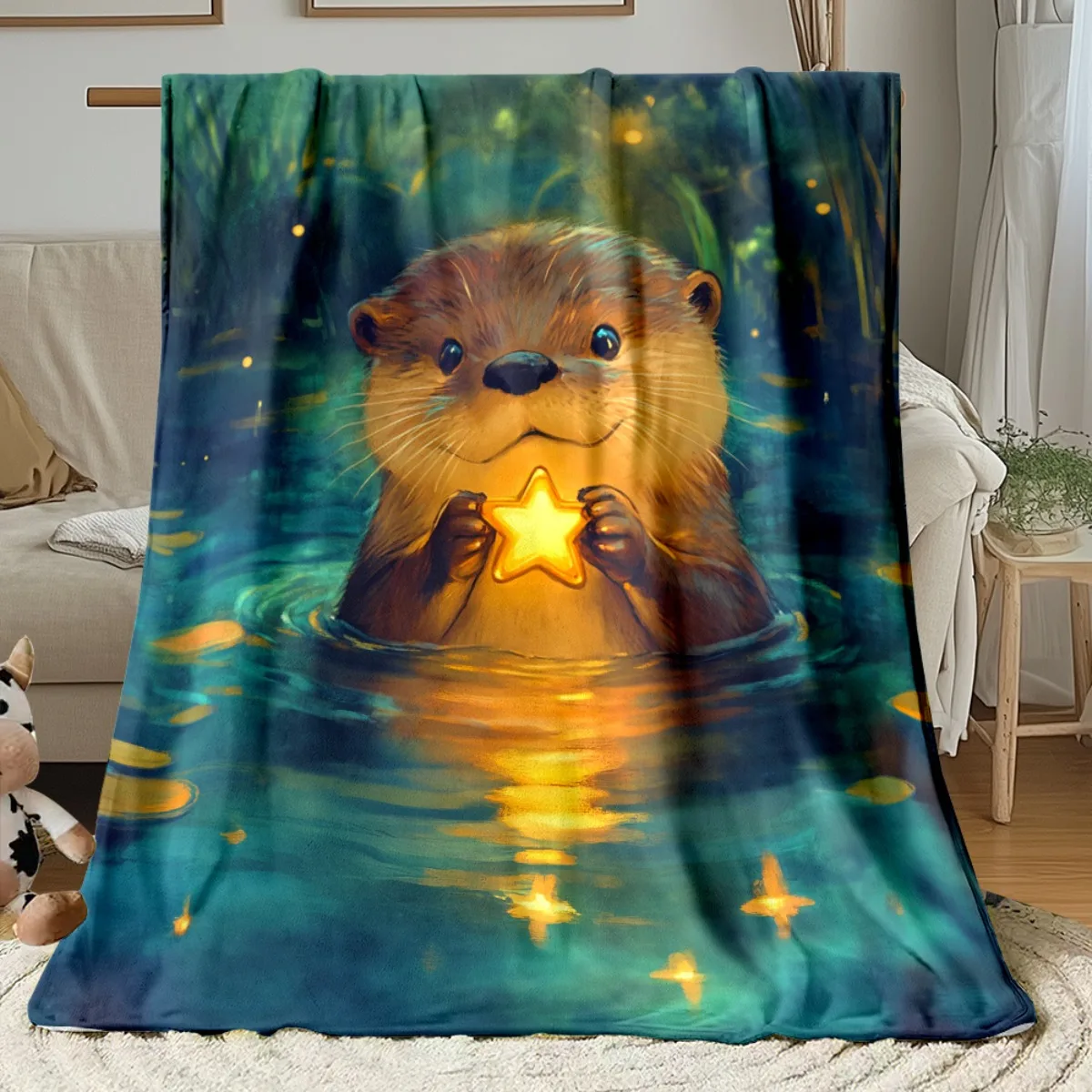 Cozy Flannel Throw Blanket Cute Otter Star Ocean Design Polyester Fleece Plush Decorative Bed Throw Winter Fall Gifts for Home D