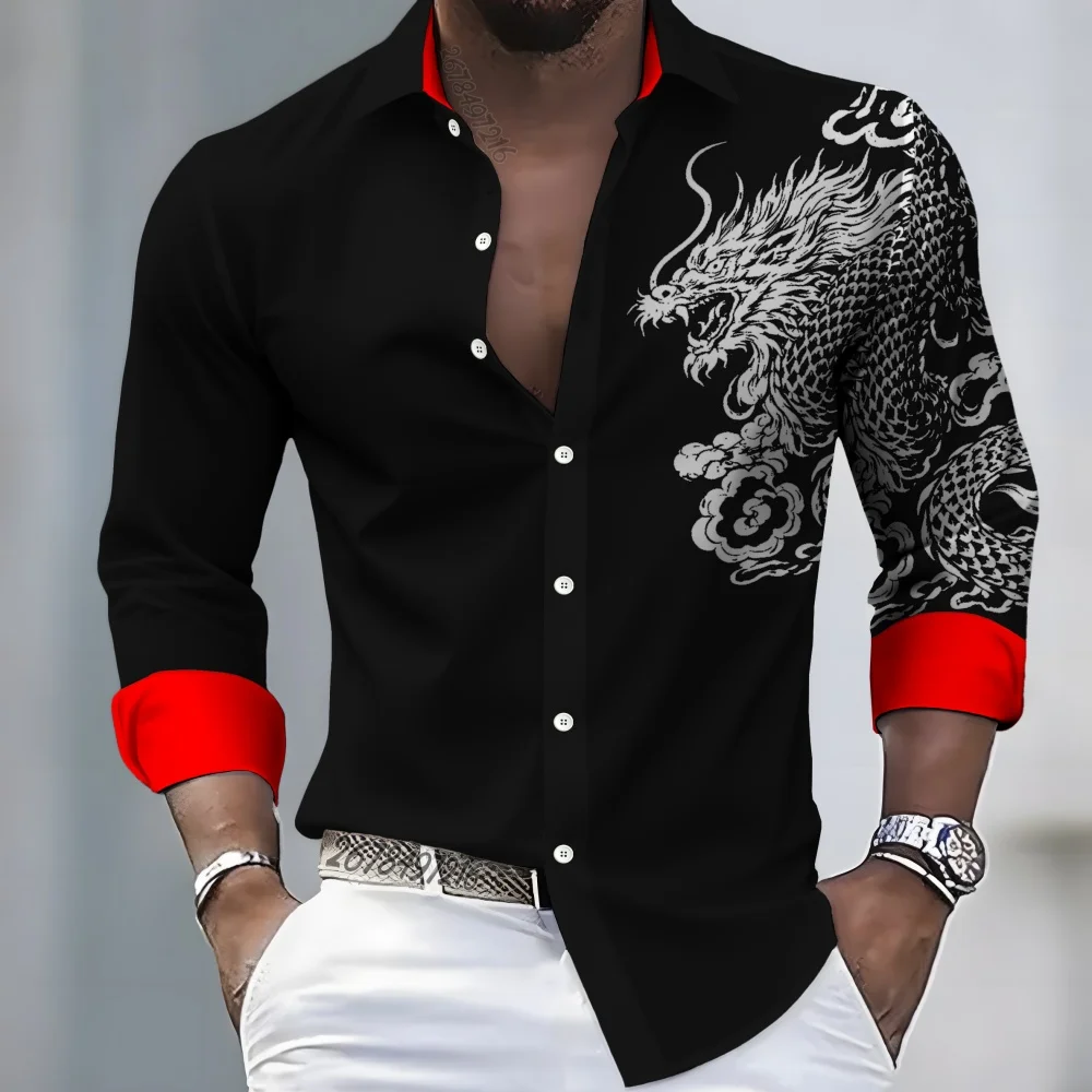 Men's Vintage Long-Sleeve Shirt Ink-Wash Dragon Motif Color-Block Design Casual Button-Down Versatile Clothing