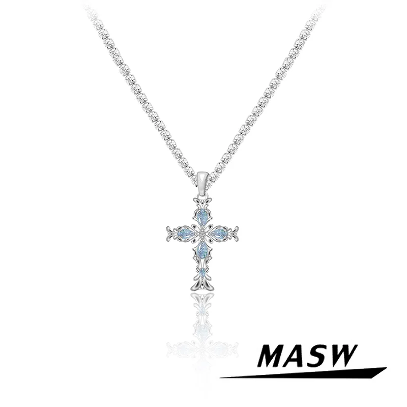 

MASW Original Design 2024 Trend New Luxury Temperament Blue Crystal Cross Pendant Necklace For Women Girl Modern Jewelry