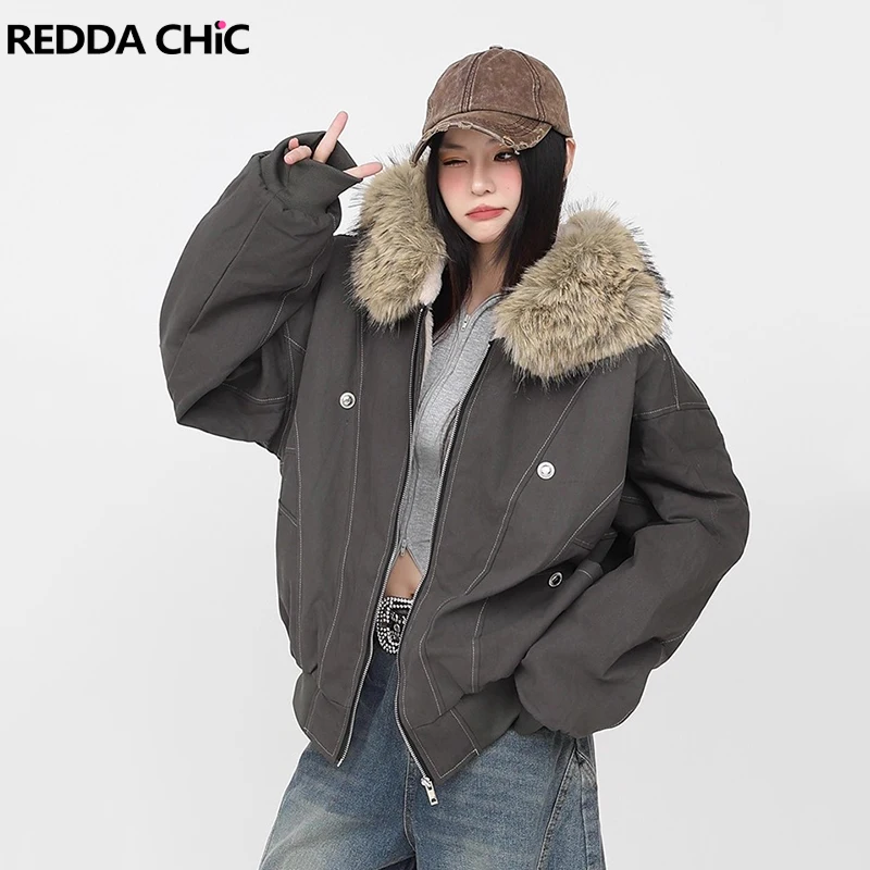 

REDDACHiC Женская куртка-бомбер из искусственного меха с капюшоном, осень-зима, хлопковое пальто на молнии на флисовой подкладке для пар, верхняя одежда в американском стиле ретро