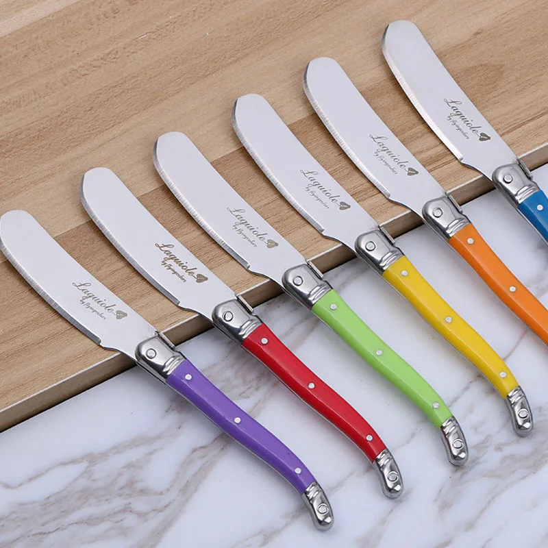 1-6pcs 6.25inch Laguiole Butter Knives Rainbow Plastic HandleCheese Spreader Cutter Stainless Steel Colorful Dinnerware Set Kids