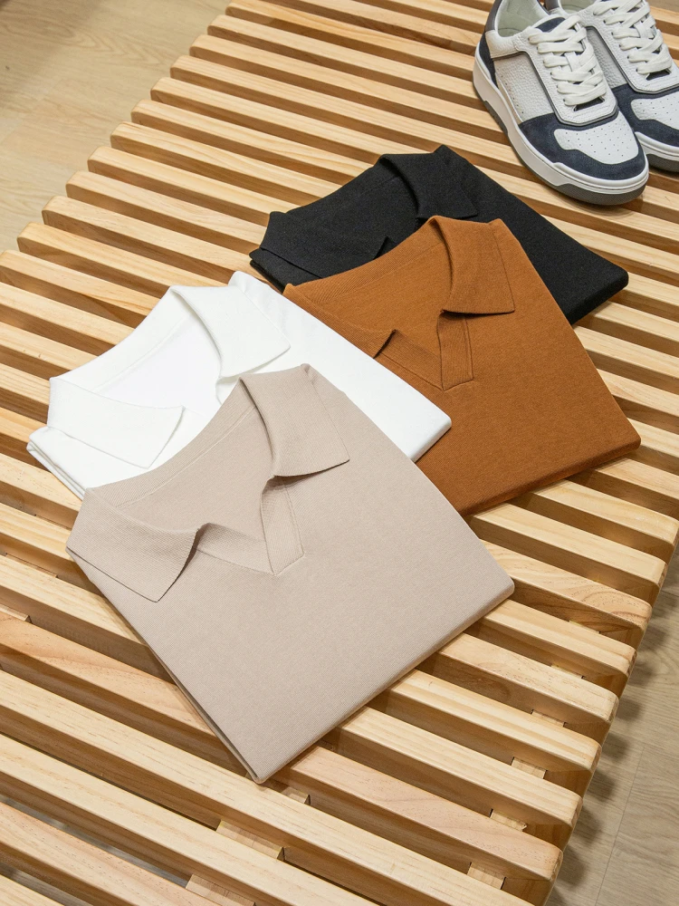 

Tencel Lesersan silk and cotton blended Italian men's casual seagull neck short-sleeved POLO shirt