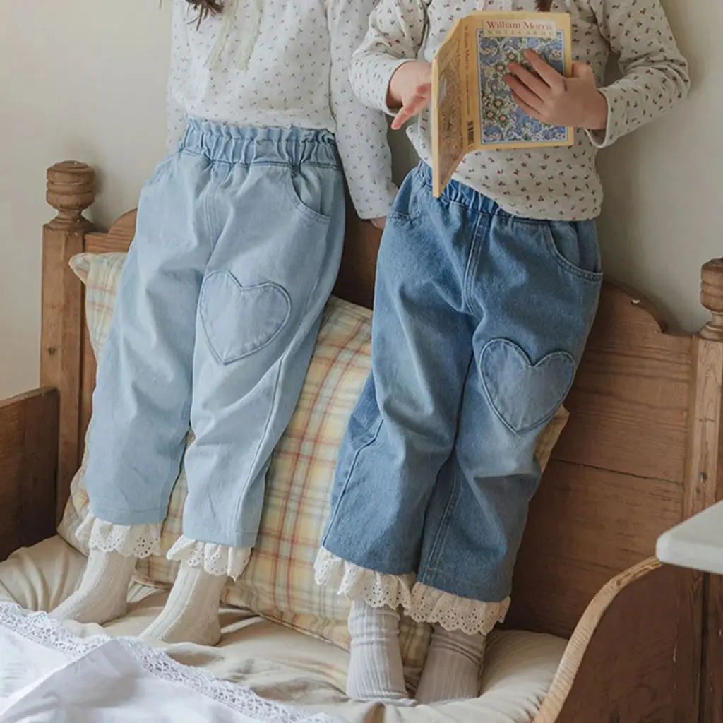 

Весна 2026: Детские джинсы в корейском стиле с мягкой кружевной отделкой и эластичным поясом, повседневные, модные, свободного кроя, из денима
