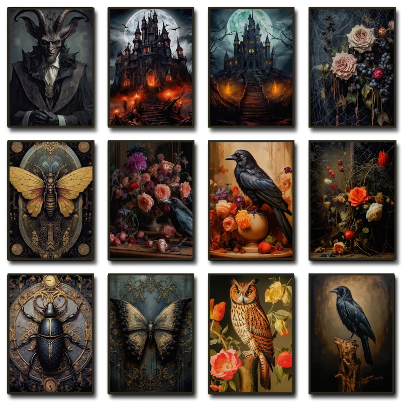 (No frame)Dark Academia Moth Gothic Raven Owl Flower Full Moon Castle Art Poster Prints Canvas Painting Wall Art Halloween Ho