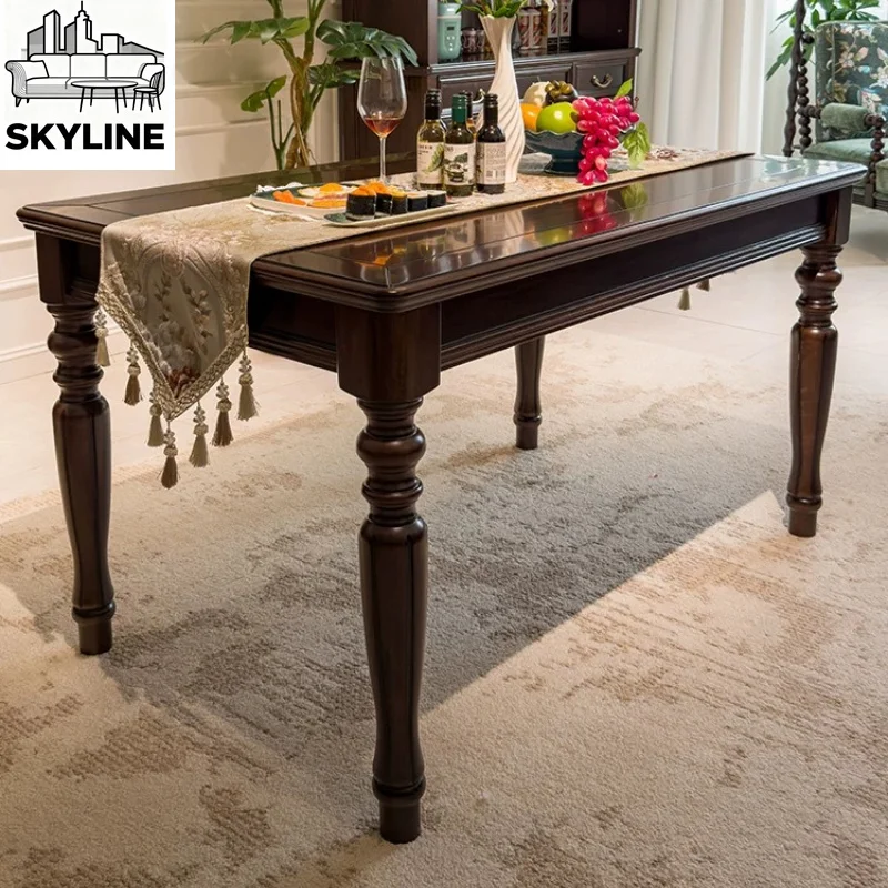 Solid Wood Dining Table Set, Retro Walnut Finish Long Table with 6 Chairs, Restaurant Farmhouse Kitchen Furniture