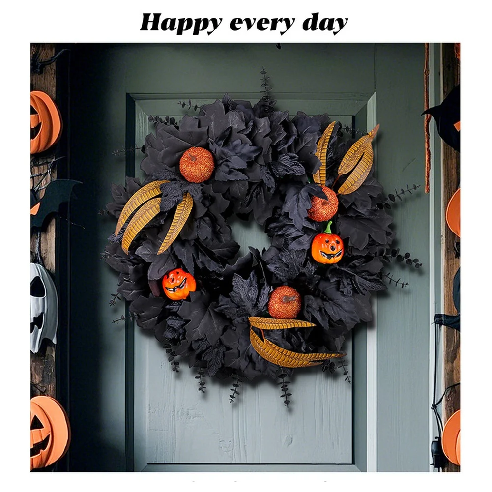 Halloween Black Maple Leaf Pumpkin Wreath for Door Wall Decor Autumn Festive Seasonal Decoration Indoor Outdoor Display