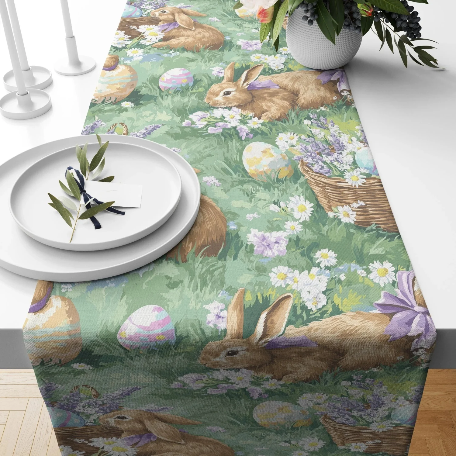 

Whimsical Easter Table Runner with Bunnies & Pastel Eggs, Vintage Cottagecore Spring Decor, Dining Room Centerpiece