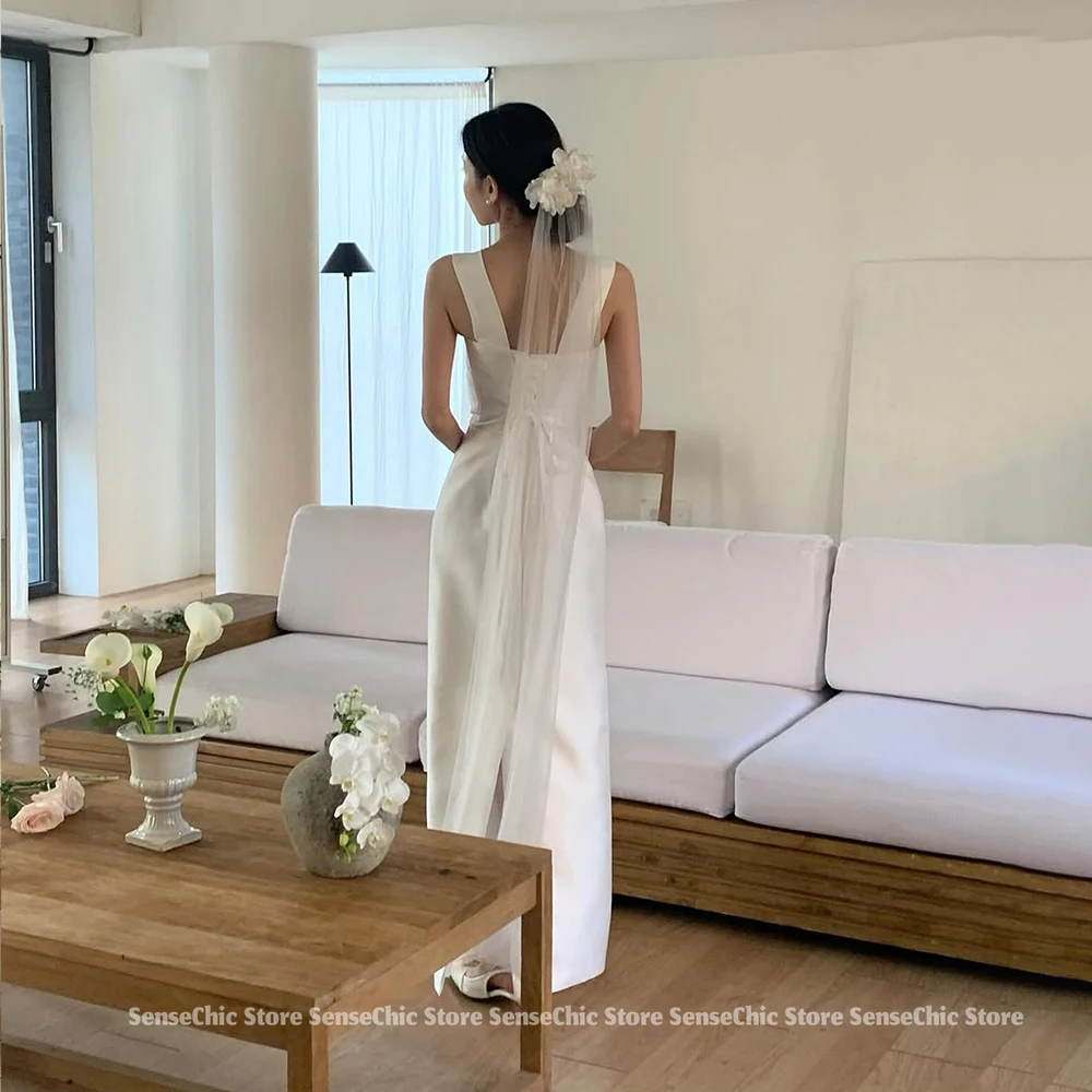 우아한 스퀘어 칼라 한국 웨딩 드레스 새틴 민소매 a 라인 파티 한국 사진 촬영 간단한 신부 가운 드레스 맞춤형