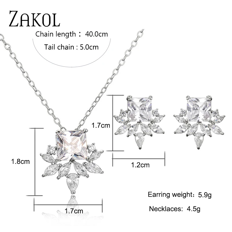 ZAKOL New Exquisite Yellow Square Cubic Zirconia Jewelry Sets for Women Fashion Leaf Party Earring Necklaces Set SP3359