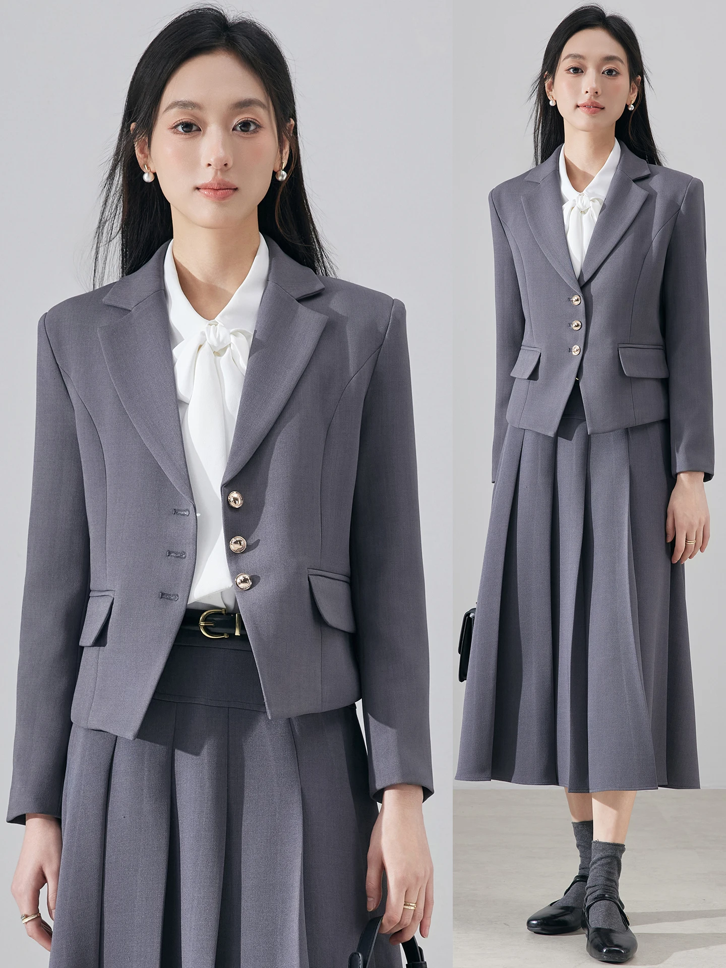 Gray Suit Set Women's Spring Autumn Professional Commute Interview Formal Small Size West Coat Jacket Polyester Fiber