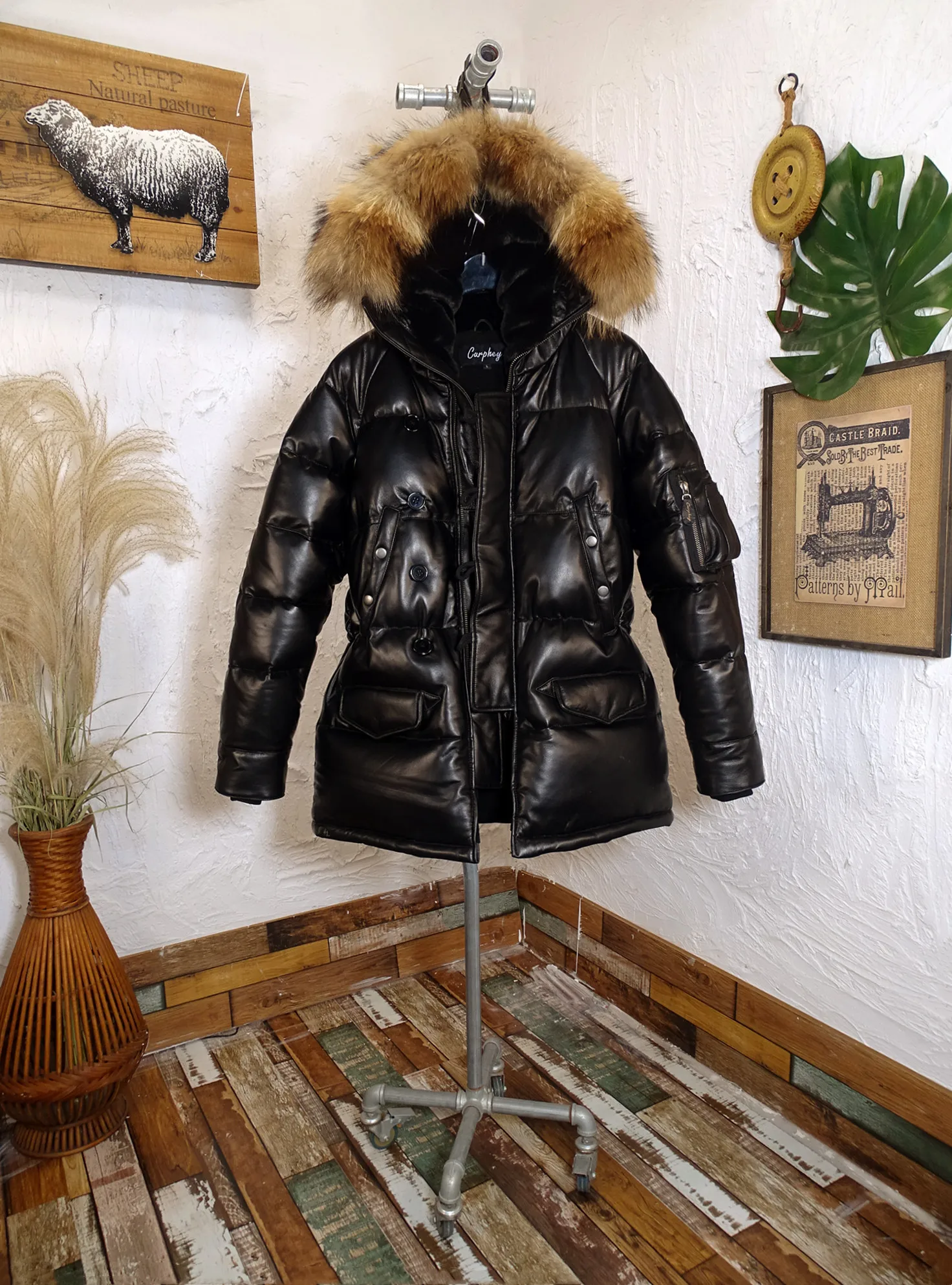 

Curphey N3B Real eepskin down Jaet Hooded Mid-Length Fur Collar Warm Winter Outerwear Faion Urban Sle Workwear Windbr...