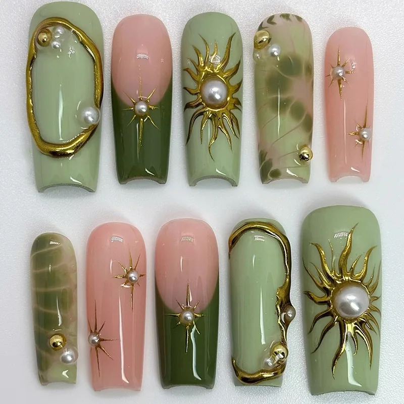 

24pcs Gilded Pearl False Nails Gradient Green Long Ballet Wearable Fake Nail Sweet Cool Starlight Coffin French Press on Nails