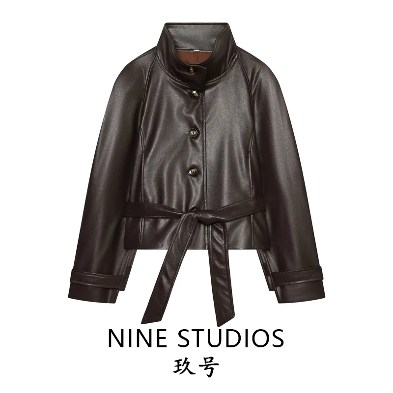 Leather Effect Padded Shoulder Jacket with Belt Windbreaker Style Outerwear Short Length Long Sleeve Women's Coat