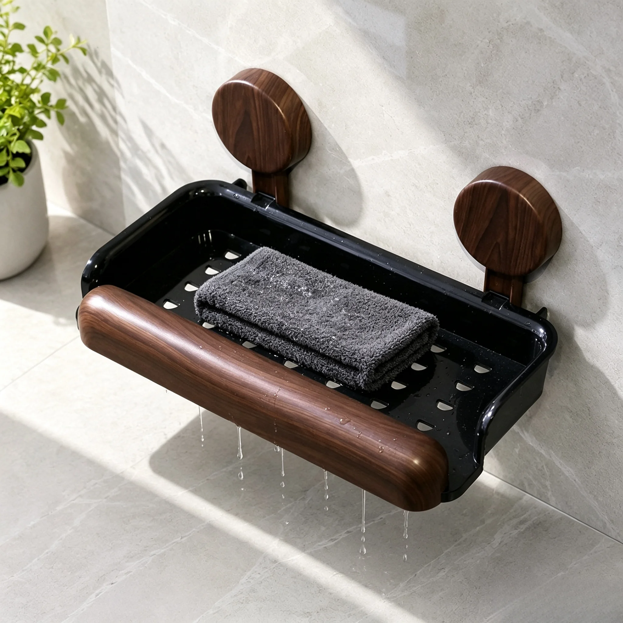 Punch-Free Wall Storage Rack for Bathroom, No Drill Shower Shelf, Wood Grain Bathroom Organizer for Cosmetics & Toiletries