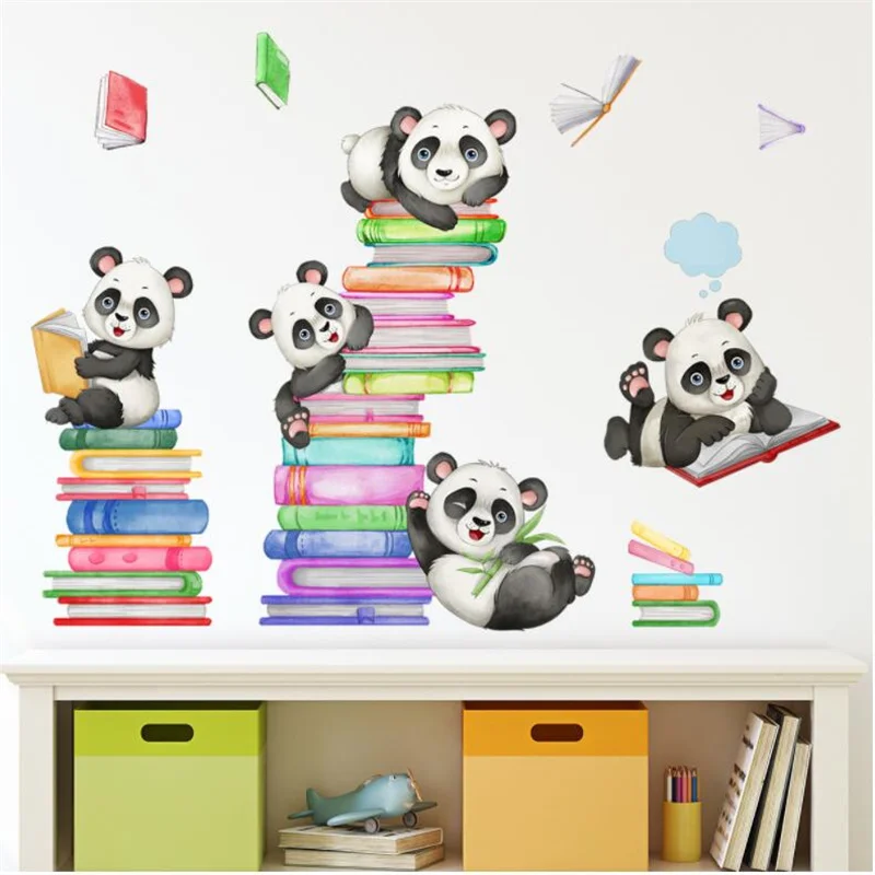 Cute Animal Panda Book Wall Stickers For Kids Nursery Decor Reading Room Decoration Student Library Decal Classroom Mural Poster