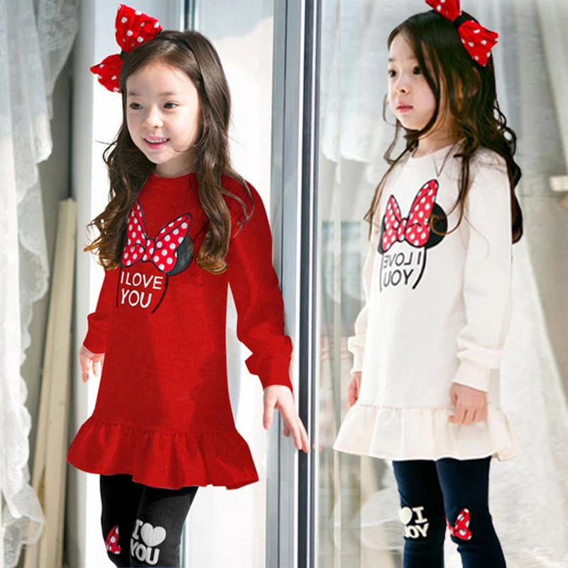 Kids Clothing Set Spring Autumn Cartoon Bow Knot Long Sleeve Cotton Shirt+Leggings 2Pcs Suit For 3-8 Years Girls Casual Outfit