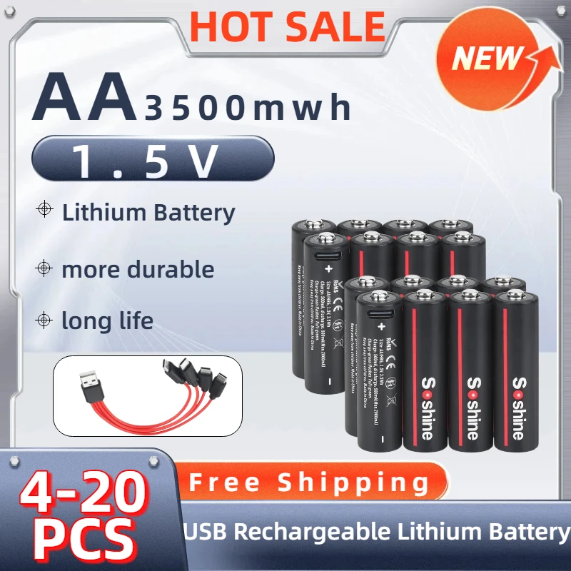 

1.5V AA 3500mWh USB Rechargeable Lithium Batteries with 4-in-1 Cable for Smoke Detector Game Machine Camera Toys Remote Control
