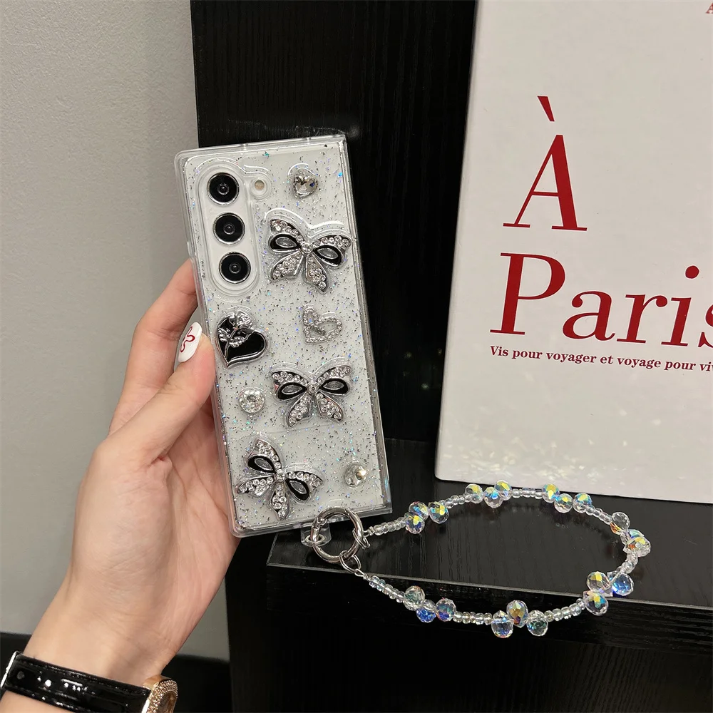 Y2K Sweet Cool Sparkly Black Rhinestone Bow Heart Phone Case for Samsung Galaxy Z Fold 7 Crystal Bead Strap Cover for Z Flip 7-3