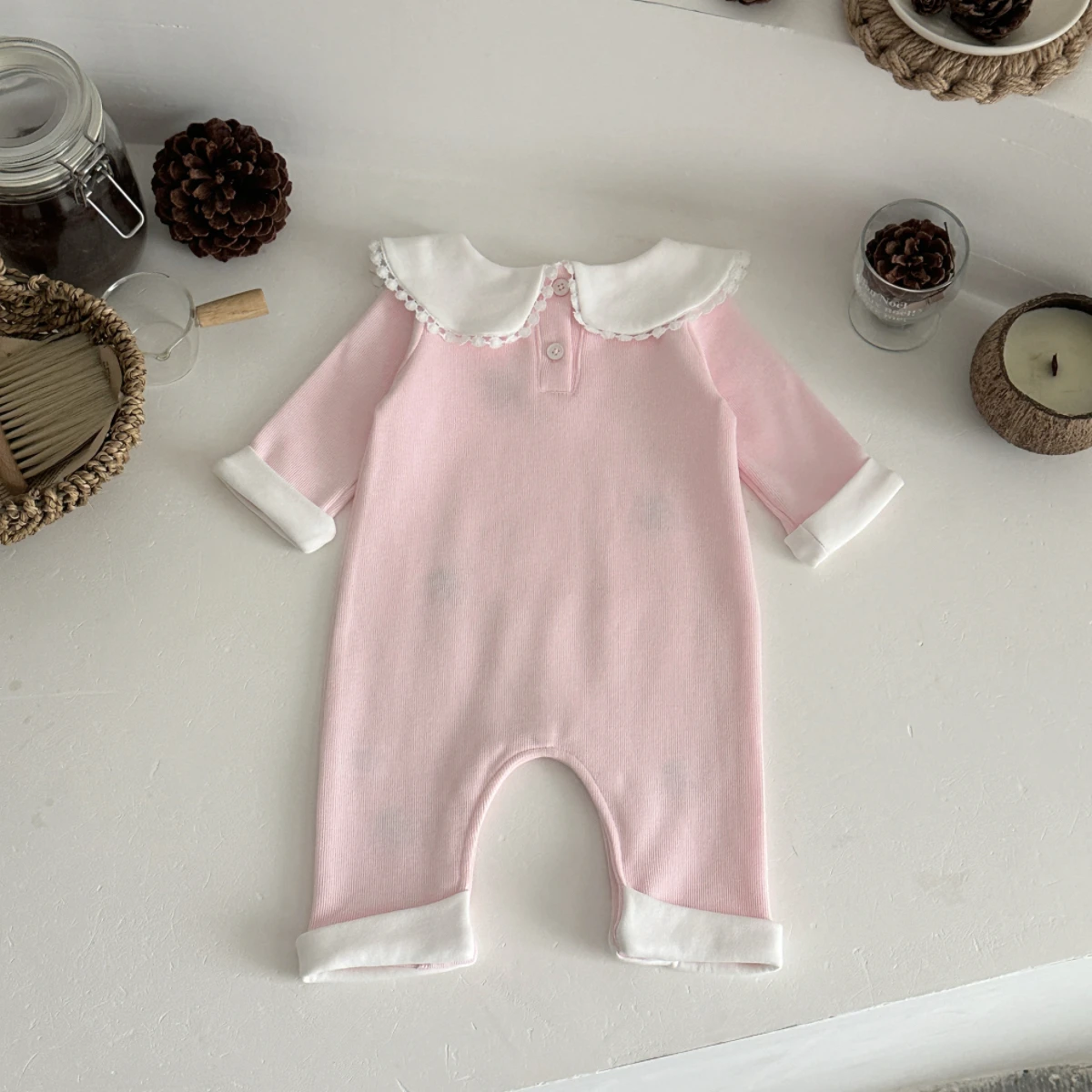 Autumn Newborn Baby Clothes 0-18 Months Pink Cherry Print For Baby Girls Doll Collar Long Sleeve Infant Romper Toddler Jumpsuit