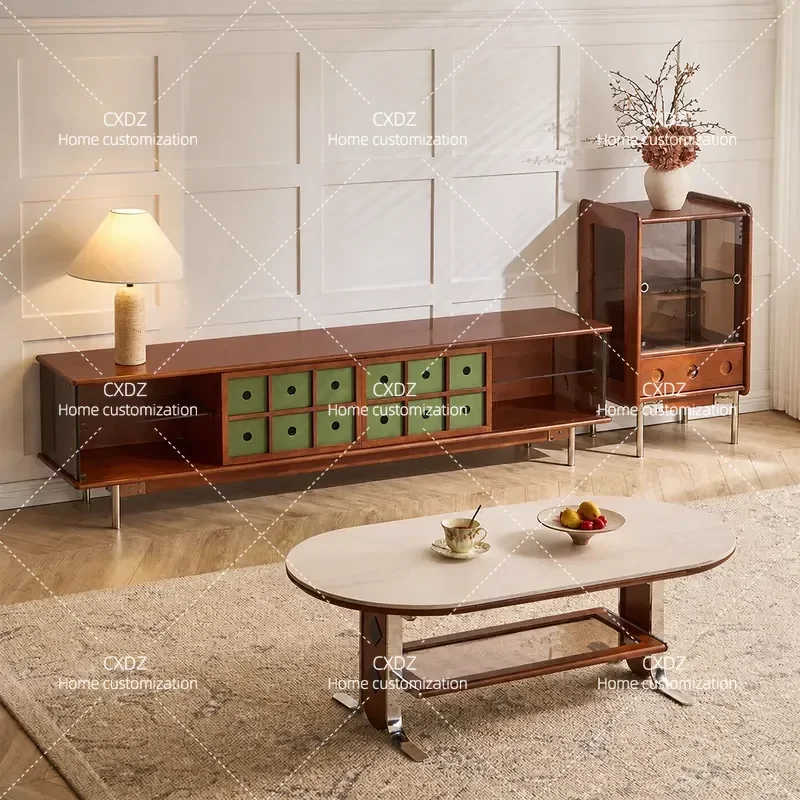 Flowing Shadow Medieval Solid Wood TV Cabinet and Coffee Table Combo Living Room Storage Unit for Small Apartments 2025 New