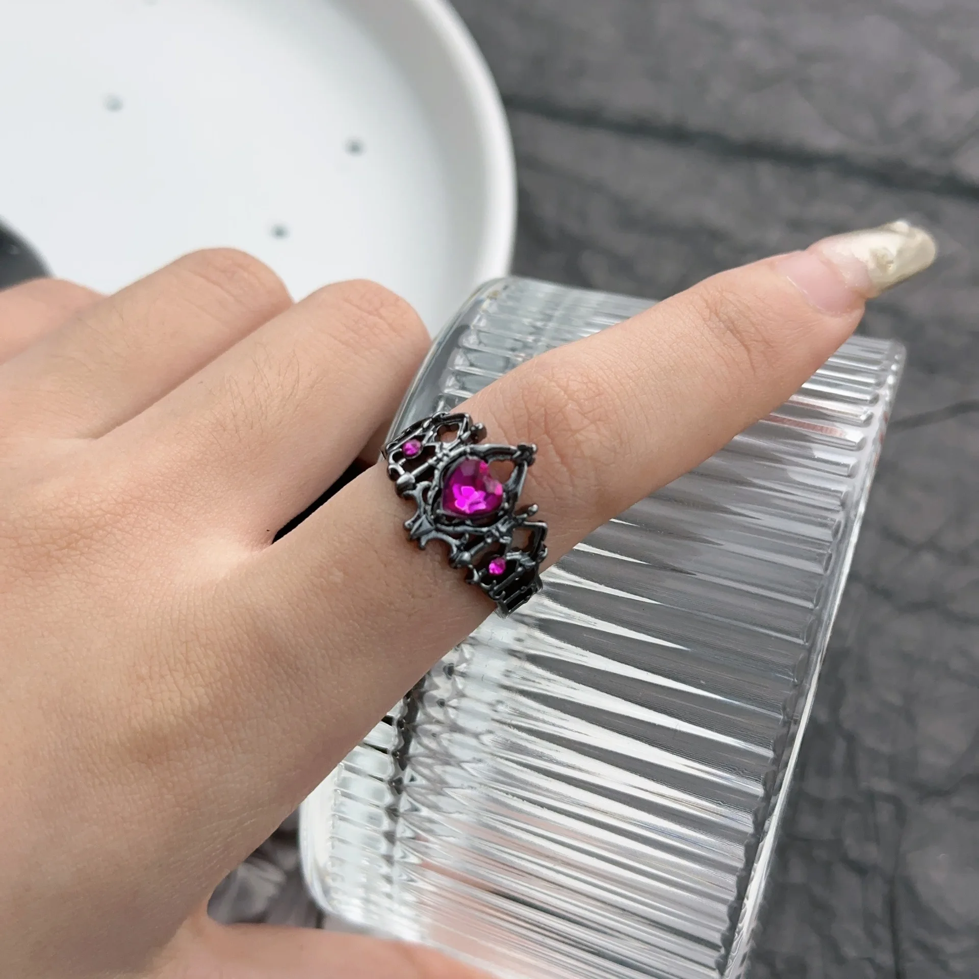 Gothic Cathedral Ring for Women Cross Rose Red Heart Stone Black Gunmetal Vintage Punk Statement Ring Adjustable Jewelry Gift