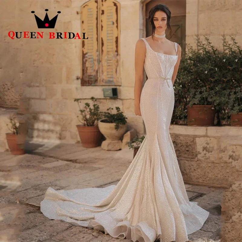 

Luxury Mermaid Ruffles Wedding Dress 2023 New Glitter Boat Neck Spaghetti Straps Backless Bridal Gown Robe De Mariée Custom D48X