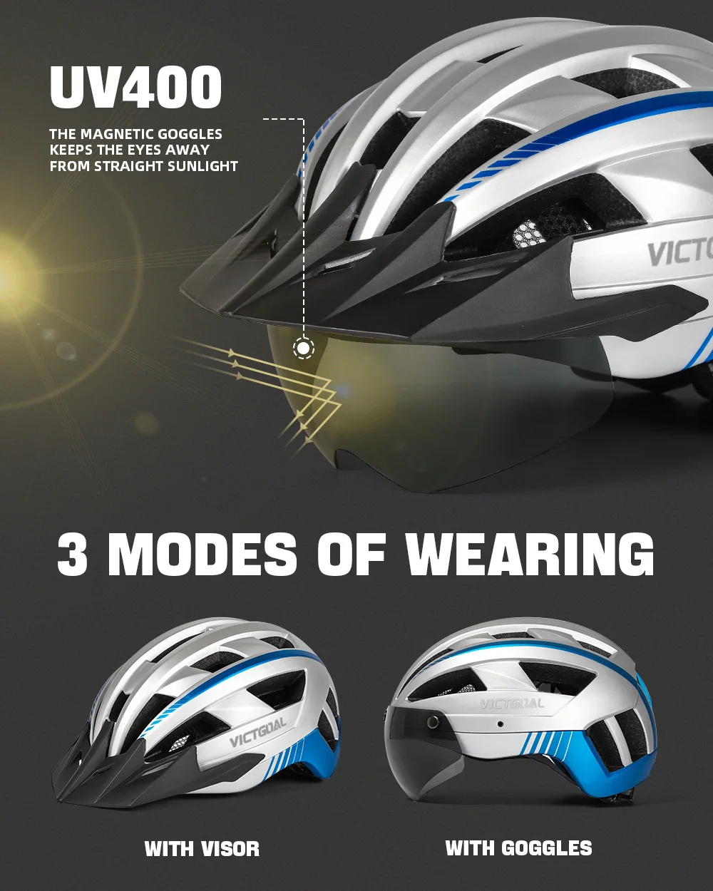 VICTGOAL Bicycle Helmet For Adutl with Goggles Visor Taillight Bike Safety Cap Men MTB Road Bike Electric Scooter Cycling Helmet