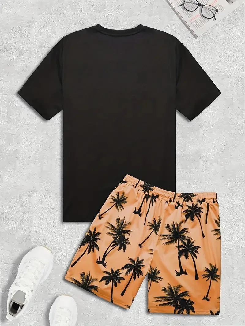 2pcs Men's Tropical Coconut Tree Print Loungewear Set For Summer Vacation Resorts