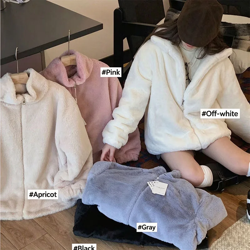 2026 New Faux Fur Coat for Women Korean Loose Stand-Up Collar Zip Plush Jacket Winter Thick Warm Imitation Rabbit Hair Outerwear