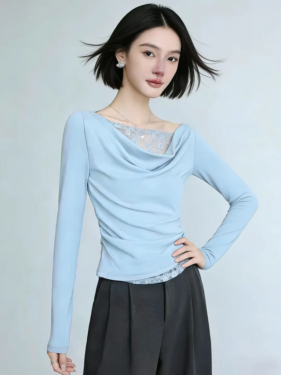 Blue Lace Splice Long Sleeve T-Shirt Women's Spring Swing Collar High-End Feel One Shoulder Atmosphere Sensation Top
