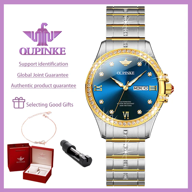 

OUPINKE Fashion Elegant Women Watches Imported Movement Automatic Mechanical Watch Dual Calendar Diamond Dial Bracelet Gift Box