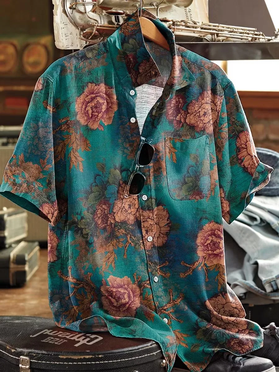 New Blue Butterfly Printed 3D Printed Short Sleeve Shirt with Retro Island Style Men's Leisure Vacation Shirt