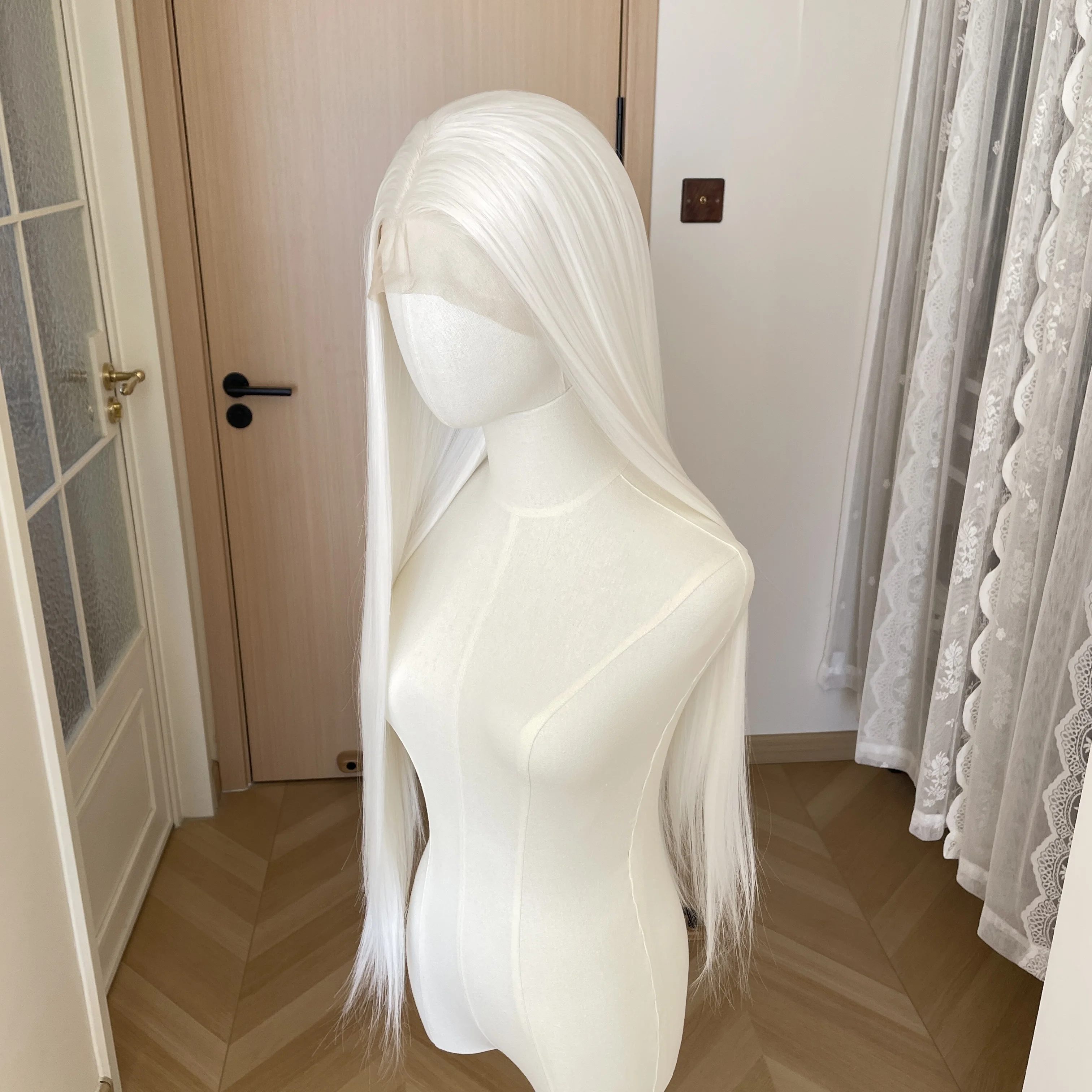 Elf Cosplay White 13x4 Lace Front Wigs for Women Synthetic 26 Inch Long Straight Free Part 150% Density Glueless Half Hand Tied