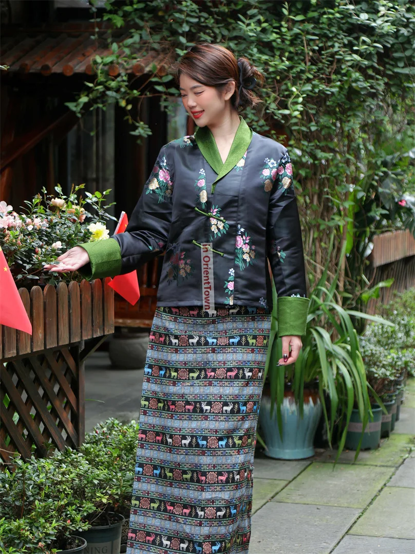 Ropa tradicional tibetana para mujer, abrigo de baile al aire libre + conjunto de falda, prenda de señora joven, traje diario informal del Tíbet mejorado TP073