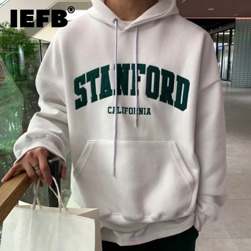 IEFB New Fashion Men's Hoodies Letter Embroidery Drawstring Hooded Big Pockets Loose Contrast Color Male Sweatshirts Chic 9C7907