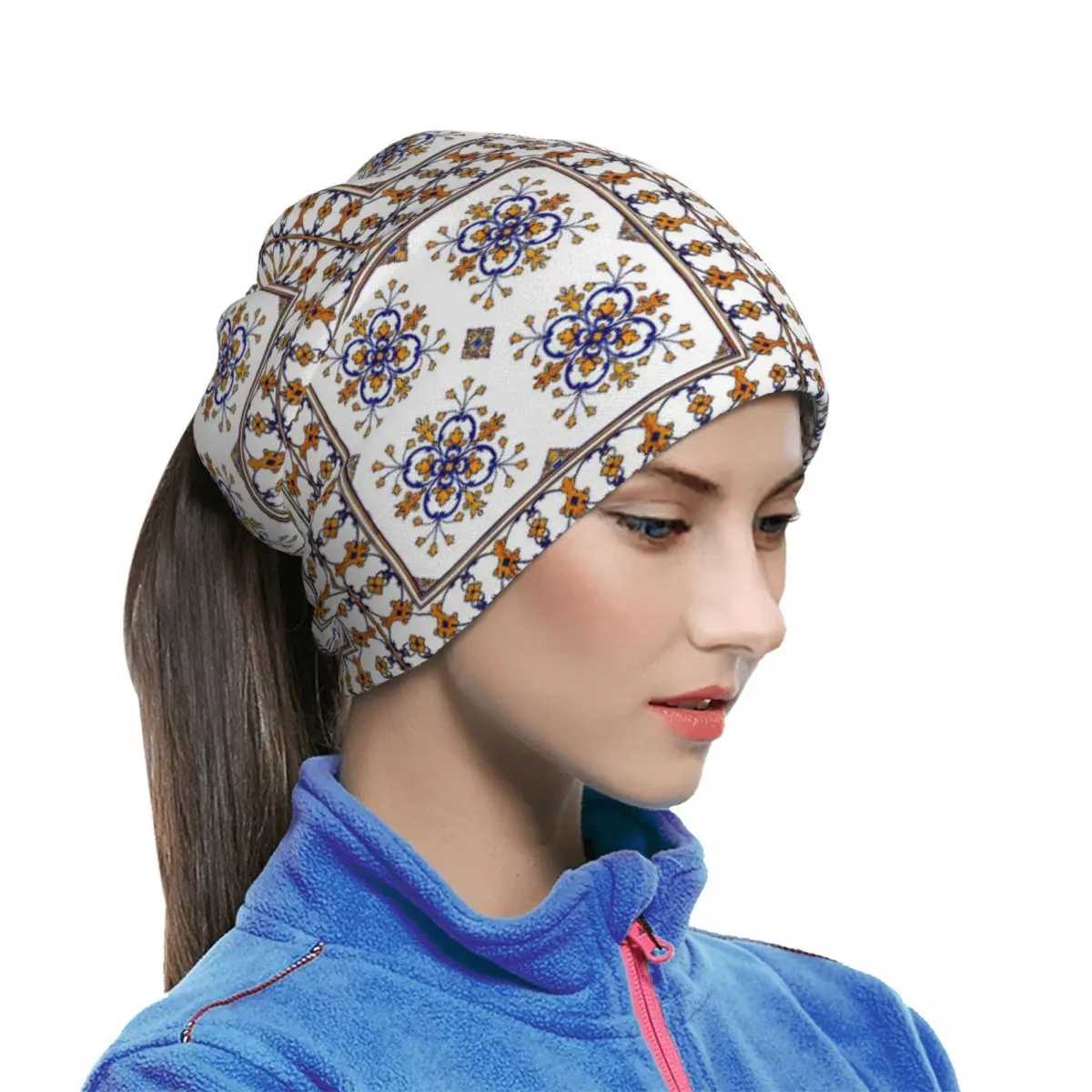 Traditional Portuguese Azulejo Blue Orange Floral Tile Pattern Multifunctional Elastic Neck Gaiter Dust Proof Face Cover Bandana