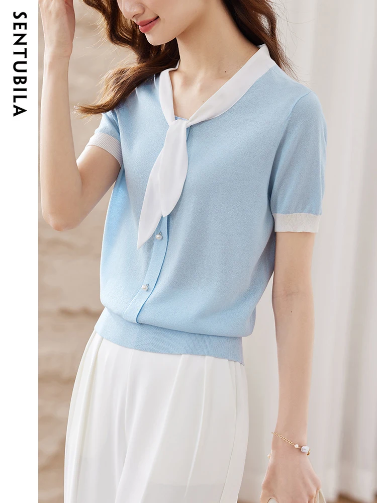 SENTUBILA Elegant Chic Knitwear for Women Fashion Button Gentle Sweater Summer Short Sleeve Office Ladies Knitted Top W32H48909