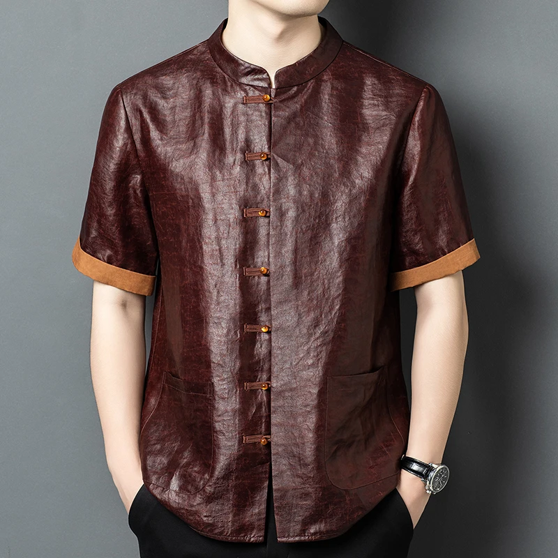 Oversized Tang Costume Shirts For Men Short Sleeve Real Silk 100% Summer Quality Skin-Friendly Loose Fit Satin Camisas De Hombre