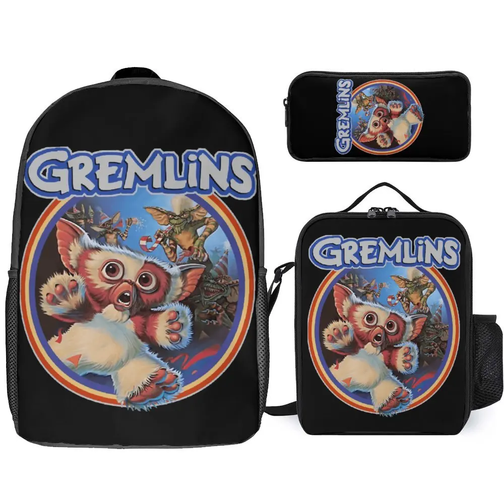 

3 in 1 Set 17 Inch Backpack Lunch Bag Pen Bag Gremlins Thriller Fantasy Movie 5 Durable Funny Graphic Cosy Summer Camps Field Pa