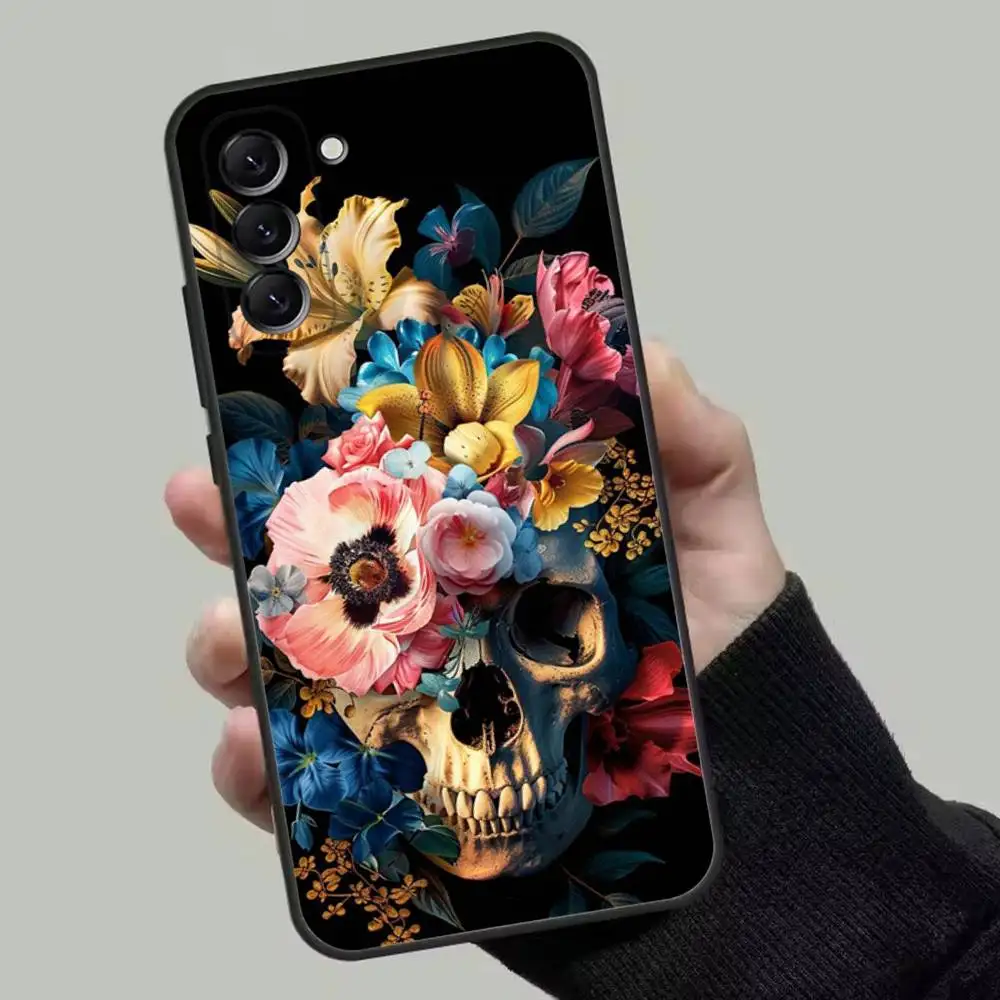 الجمجمة الأزهار الكرتون حالة الهاتف لسامسونج غالاكسي A13، A21s، A22، A31، A32، A52، A53، A71، A80، غلاف أسود ناعم