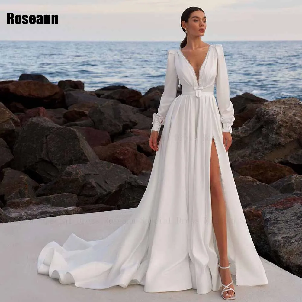 

Exquisite 2024 New A-line Wedding Dress V-Neck Full Front Split Open Back Bride Dresses Brush Train Floor Length robe de mariée