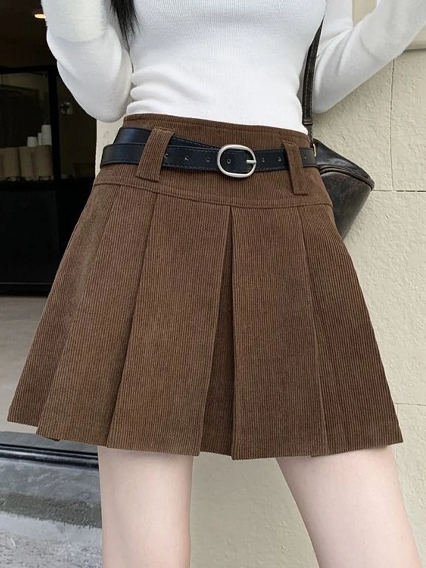 American Retro Spicy Girl Corduroy Pleated  Skirt Women's High Waist Slimming A-Line Short Skirt Anti-Light Walking