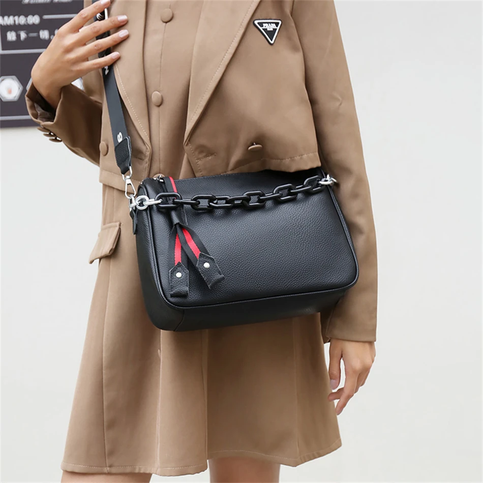 Genuine Leather Crossbody Bags Women 100% Cowhide Female Shoulder Bag Fashion Wide Shoulder Strap Soft Large Women Bag Bolsa Sac