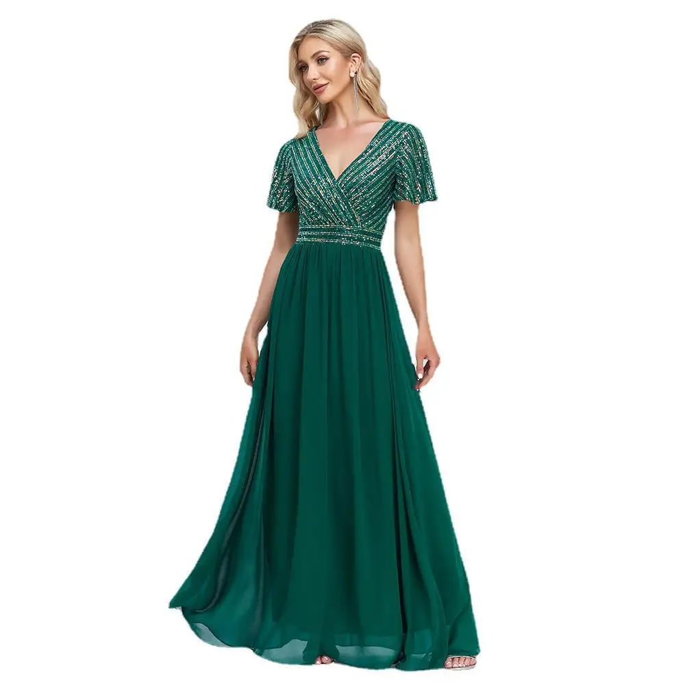 Formale Kleid Frauen Elegante V-ausschnitt Chiffon Sexy Prom Kleid Bodenlangen Abendkleid mit Kurzen Ärmeln